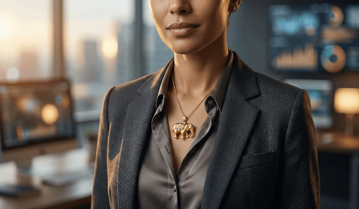 Close-up of a gold elephant amulet worn by a professional for career manifestation and social authority.