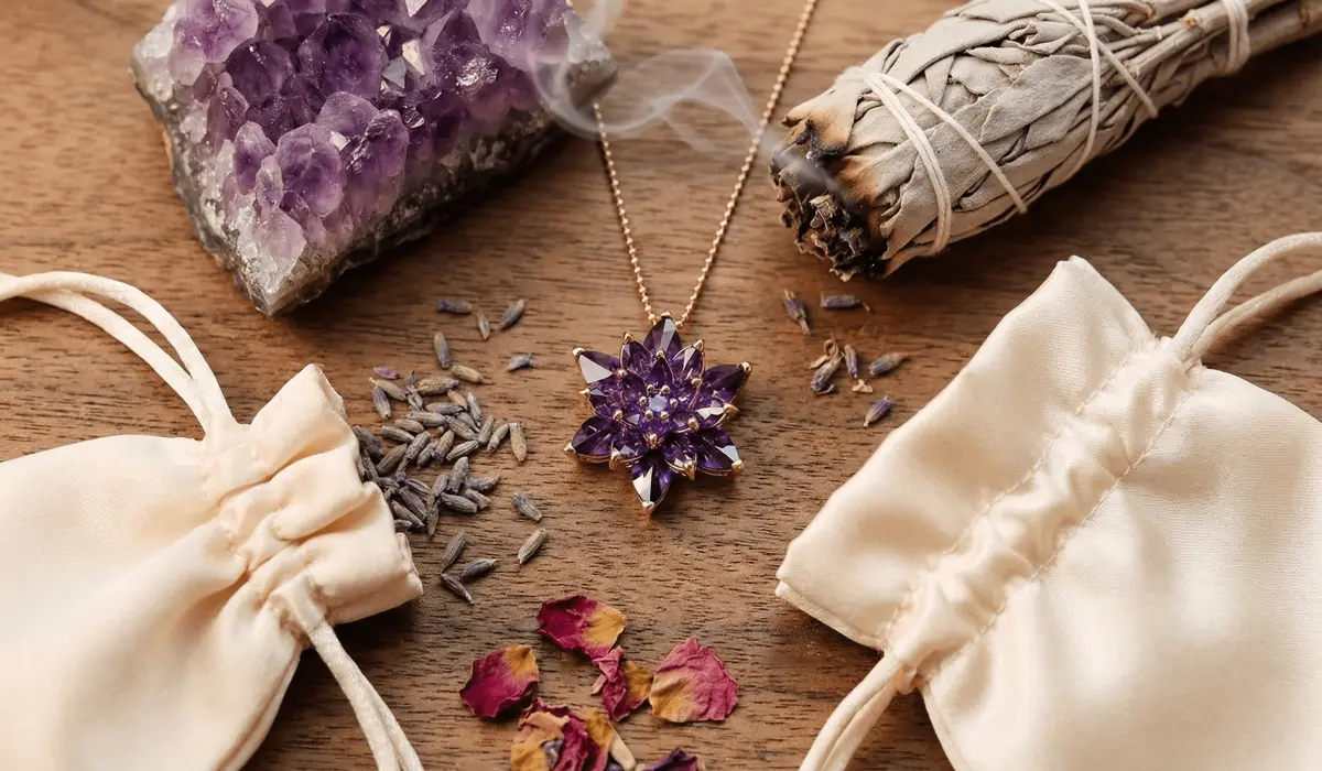 A lotus necklace surrounded by spiritual cleansing tools like sage and amethyst for intention-setting.