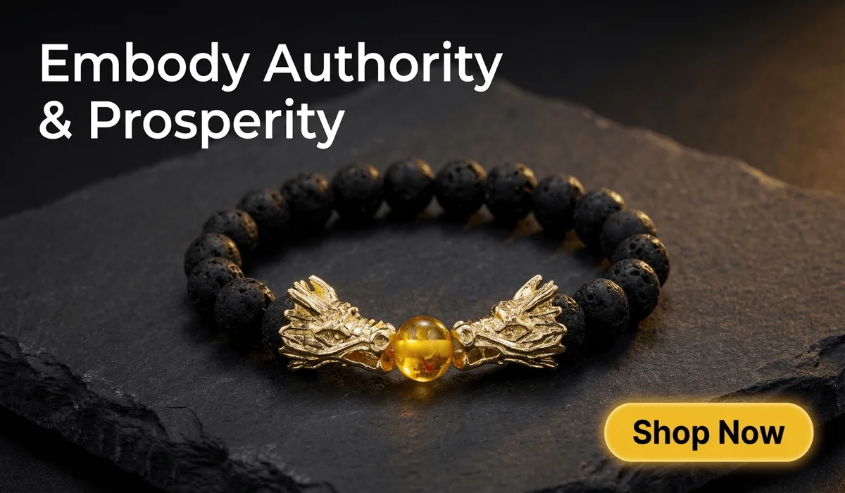Power-Attracting Double Dragon Head Lava Stone Amber Bracelet on a luxury dark stone background with a 'Shop Now' button, symbolizing authority and prosperity.