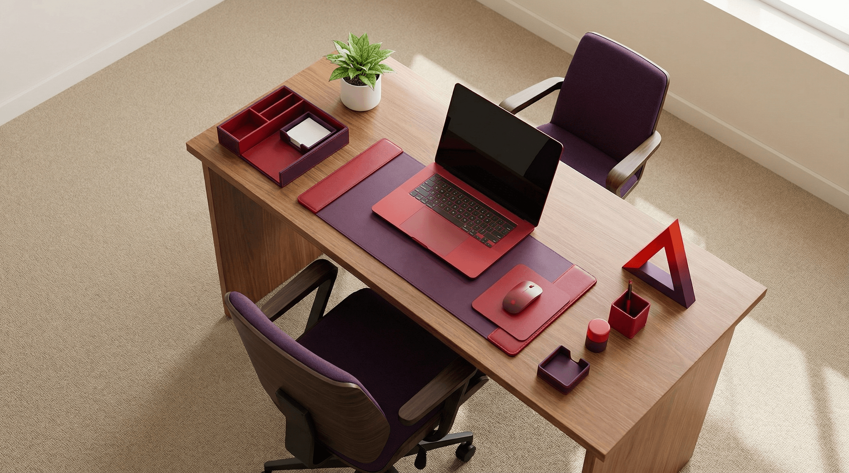 Top-down view of a 2026 Feng Shui office desk setup with Fire element colors and organized workspace for career luck.
