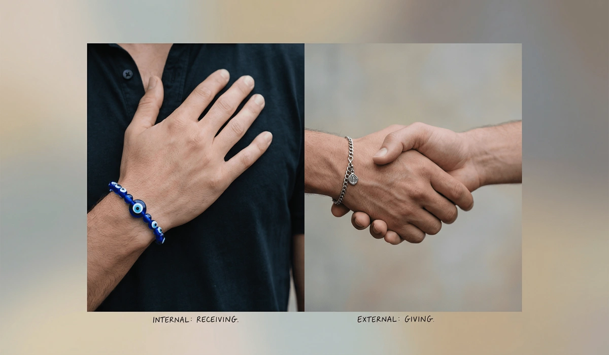 Comparison of wearing an evil eye bracelet on the left wrist for emotional healing versus the right wrist for career and external protection.