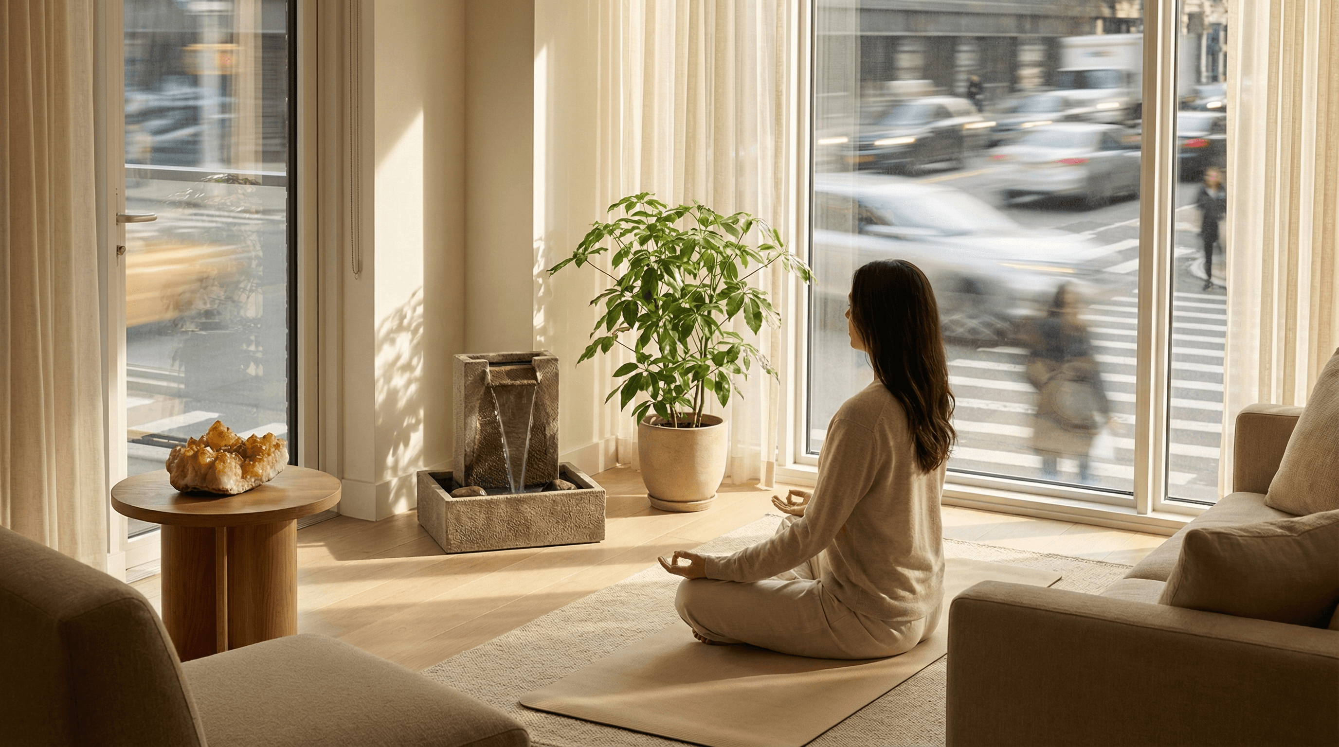 A person meditating in a Feng Shui balanced room to maintain emotional stability during the high-energy Year of the Horse.