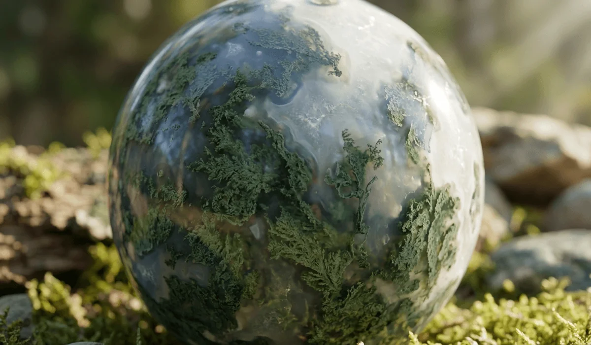 Macro view of Moss Agate stone showing green moss-like dendritic inclusions representing abundance and nature connection.