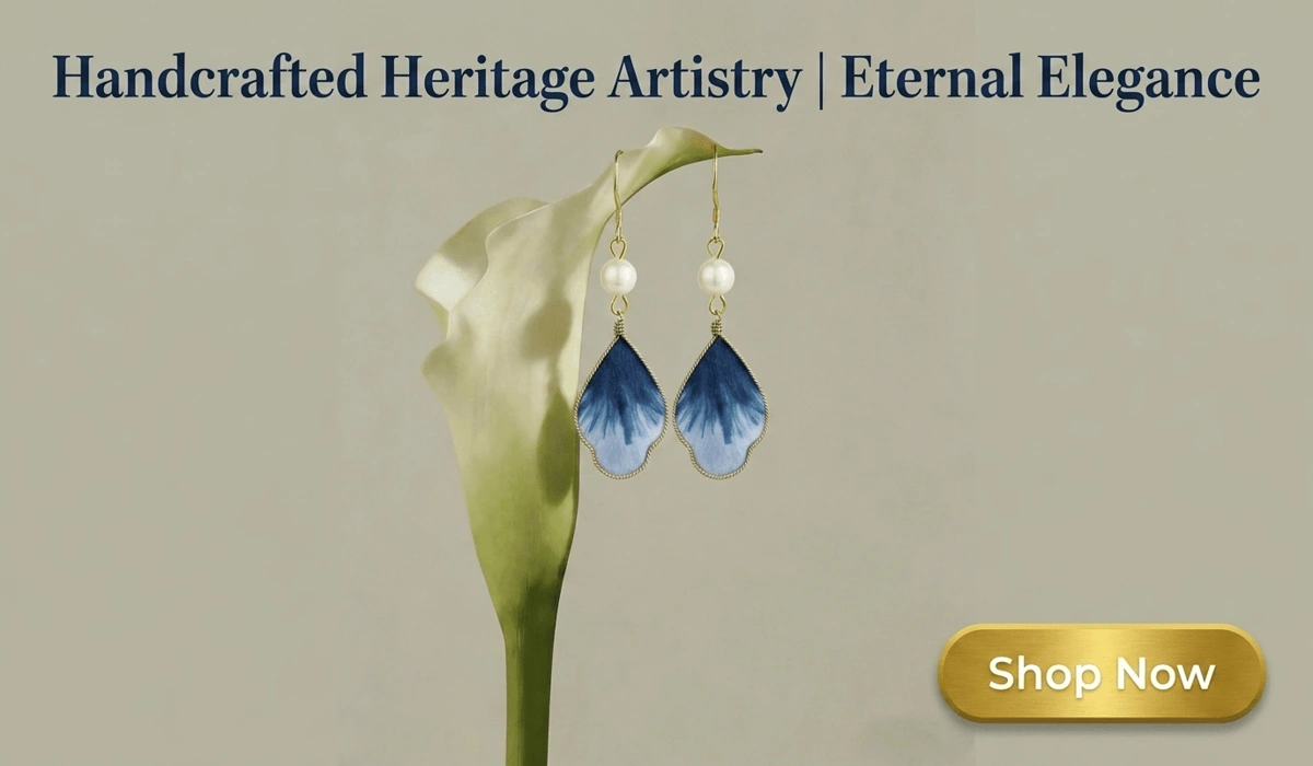 Ethereal silk flower Ronghua pearl drop earrings featuring handcrafted blue gradient petals and oriental heritage artistry