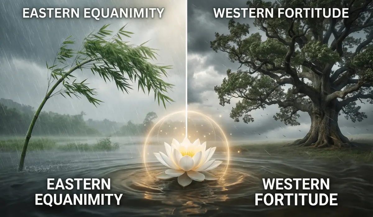 Visual comparison of Eastern and Western symbols of resilience featuring bamboo, oak, and the sacred lotus.