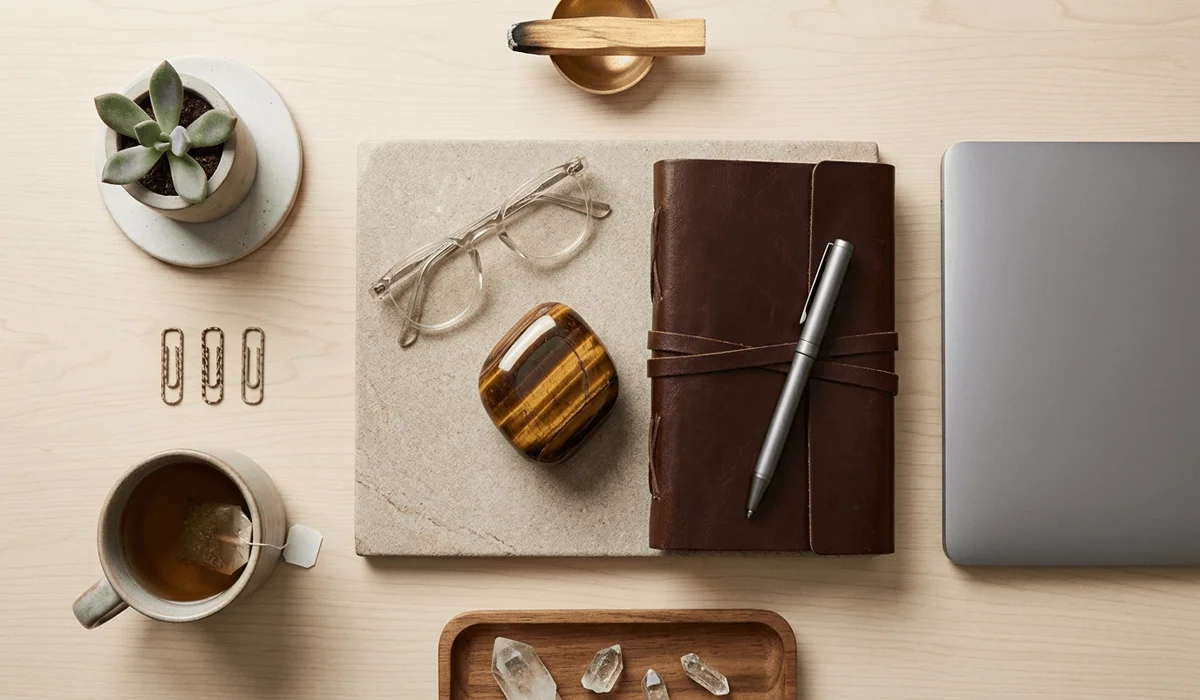 Tiger&rsquo;s Eye tumbled stone on a desk next to a journal, representing mental clarity and focus at work.