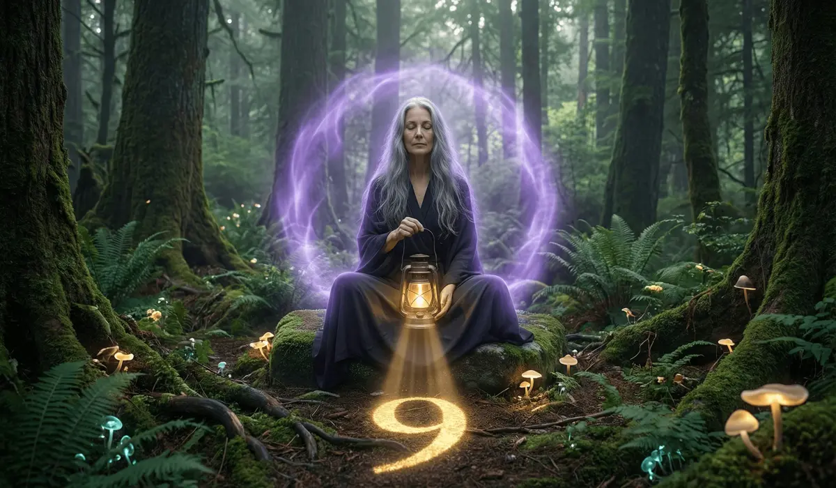 A serene meditating figure with a 999 glowing lantern in a forest, depicting the spiritual path of introspection and healing.