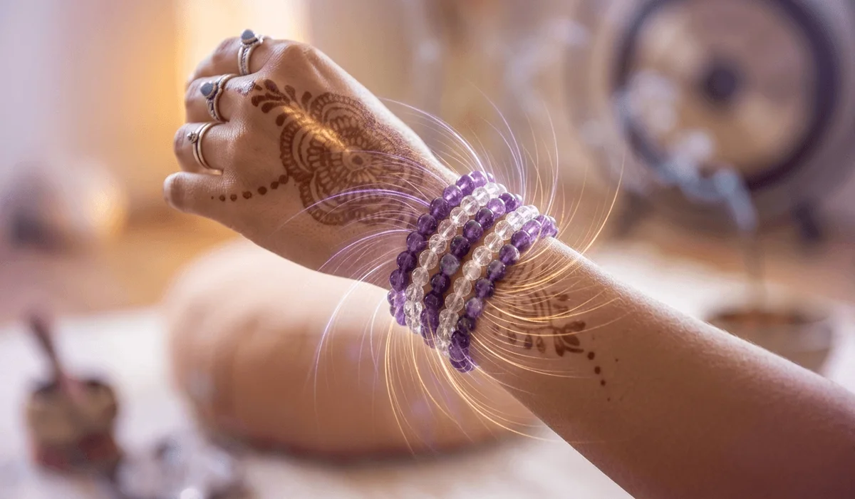 A gemstone wrist mala on a pulse point with ethereal light effects symbolizing chakra alignment and spiritual energy flow.