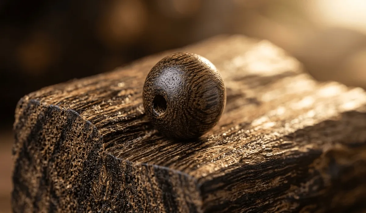 Macro shot of authentic resinous Agarwood beads showing natural grain and the porous heartwood properties of the Aquilaria tree.