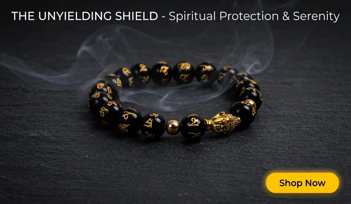 Obsidian Buddha Protection Bracelet with gold mantra beads on a Zen-style dark background for spiritual protection blog - Shop Now