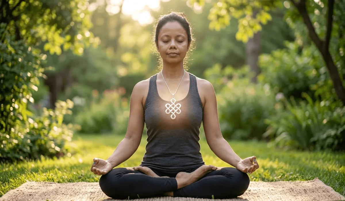 Woman wearing an endless knot necklace aligned with the heart chakra during morning meditation
