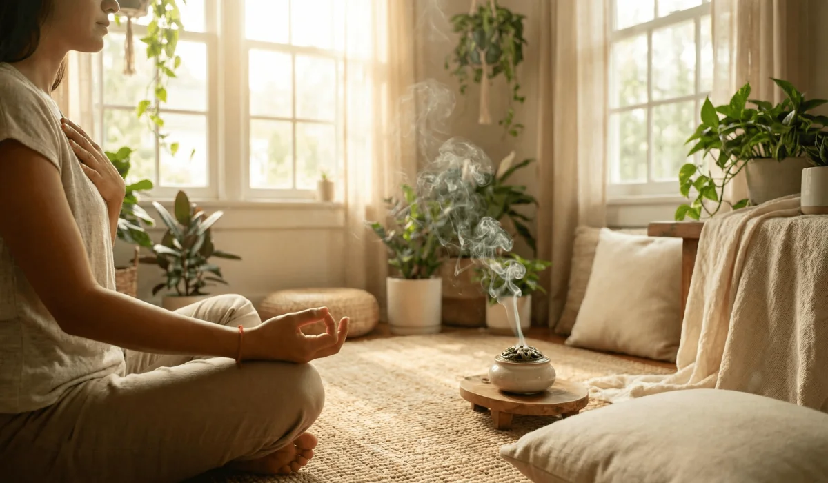A person meditating with a red string bracelet on their left wrist to receive protective spiritual energy.