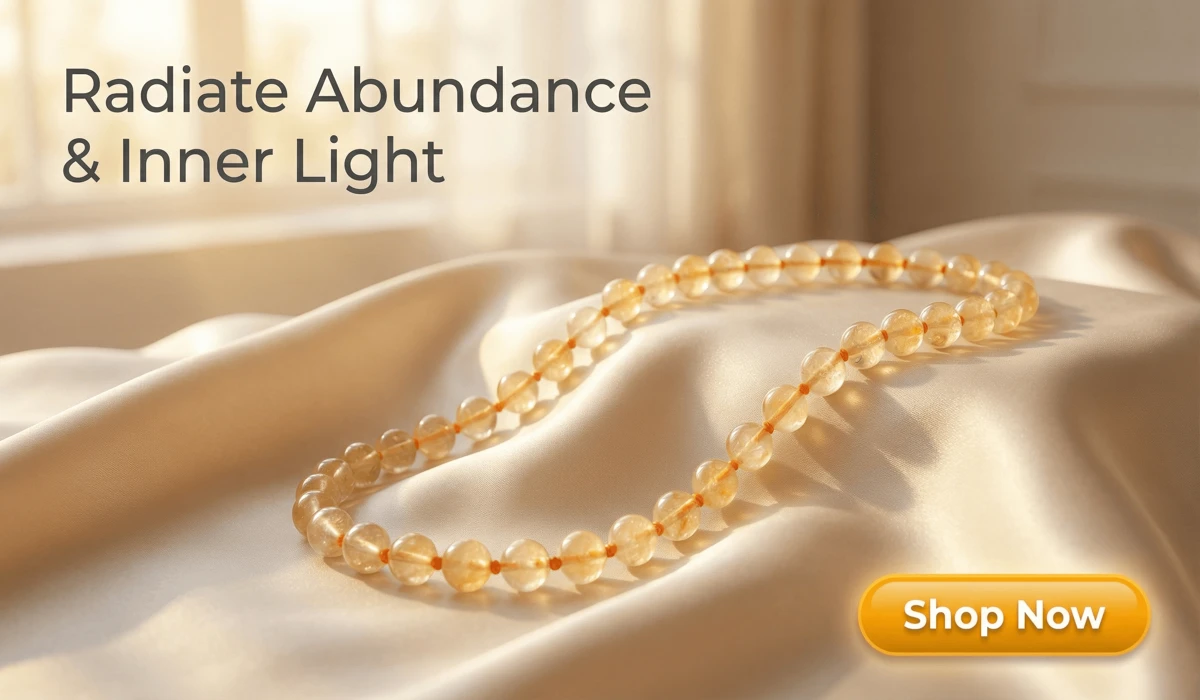 Citrine Radiance Necklace for prosperity and abundance, featuring translucent yellow gemstone beads on a luxury silk background with a Shop Now button.
