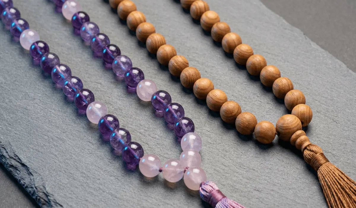 Side-by-side material comparison of polished gemstone mala beads and natural sandalwood wood mala beads
