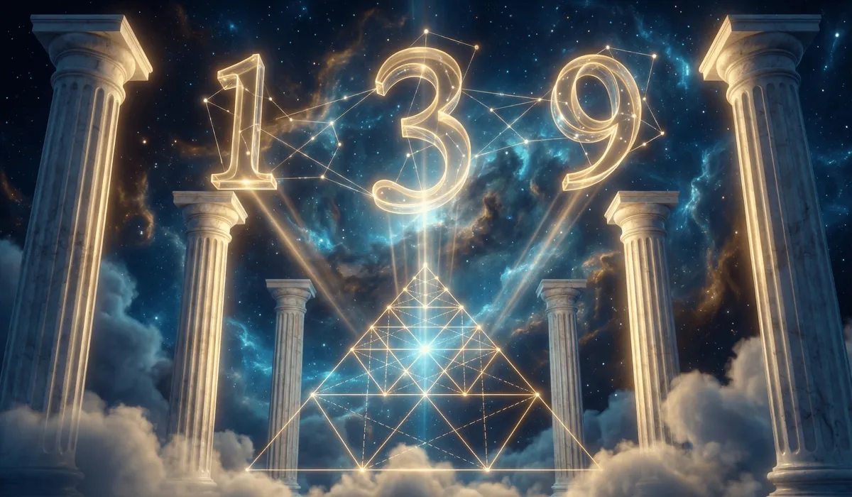 Ancient Greek architecture and cosmic constellations forming angel numbers, symbolizing the Pythagorean and divine origins of numerology.