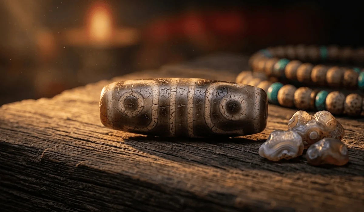 Close-up of an authentic Tibetan Dzi bead with etched eye patterns and weathered texture, symbolizing ancient Himalayan wisdom and protection.