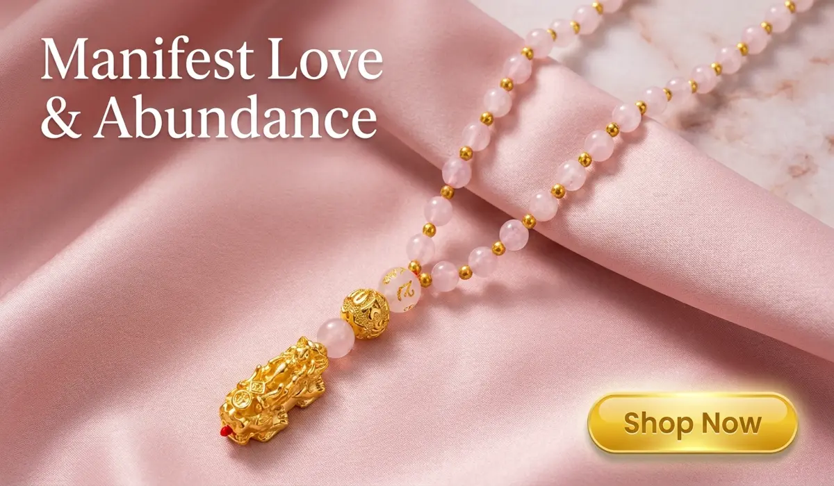 Rose Quartz Pixiu Pendant Necklace for love and abundance, featured in a luxury lifestyle blog with a Shop Now button.