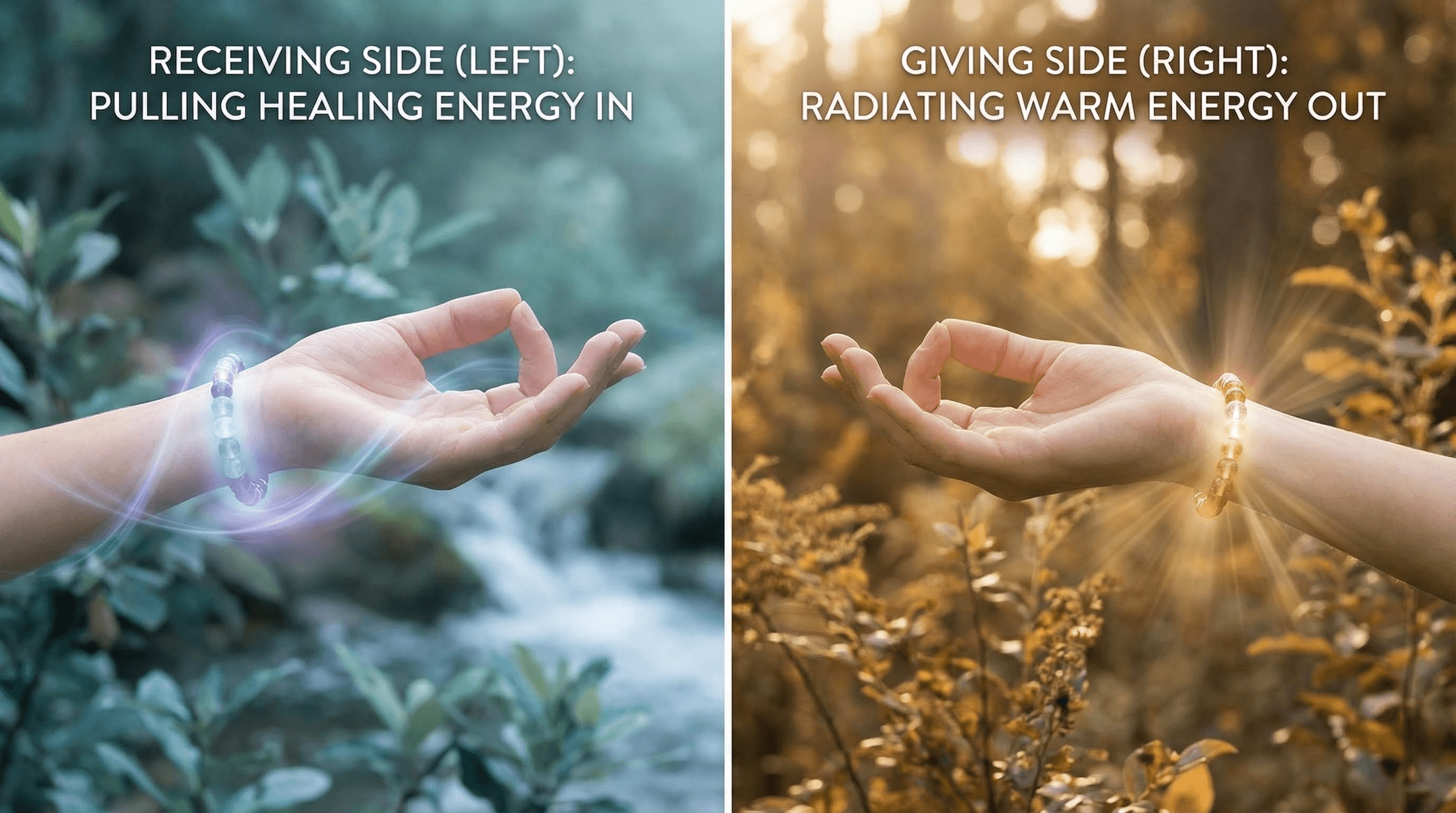 Comparison of wearing a 7 chakra bracelet on the left hand for receiving healing energy versus the right hand for manifesting and protection.