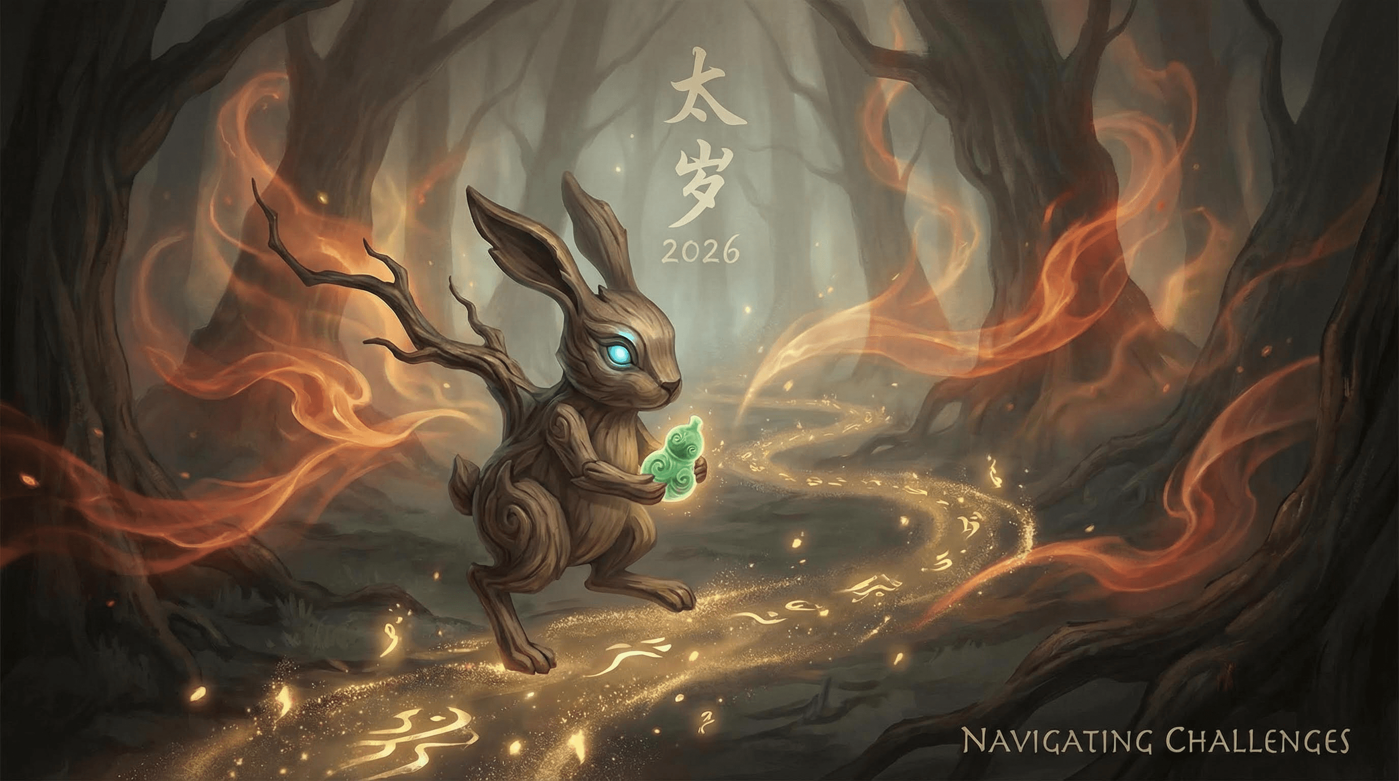 A delicate Rabbit navigating a path of light through a forest of fire energy while holding a green jade charm.