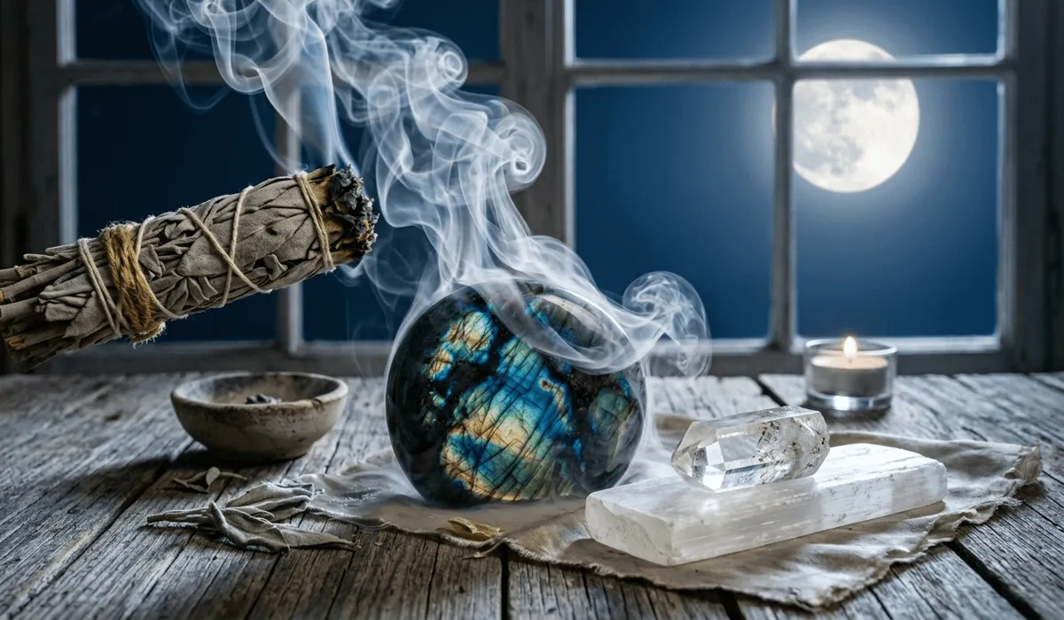 Cleansing Labradorite with sage smoke and moonlight to refresh its healing powers and vibrational frequency.