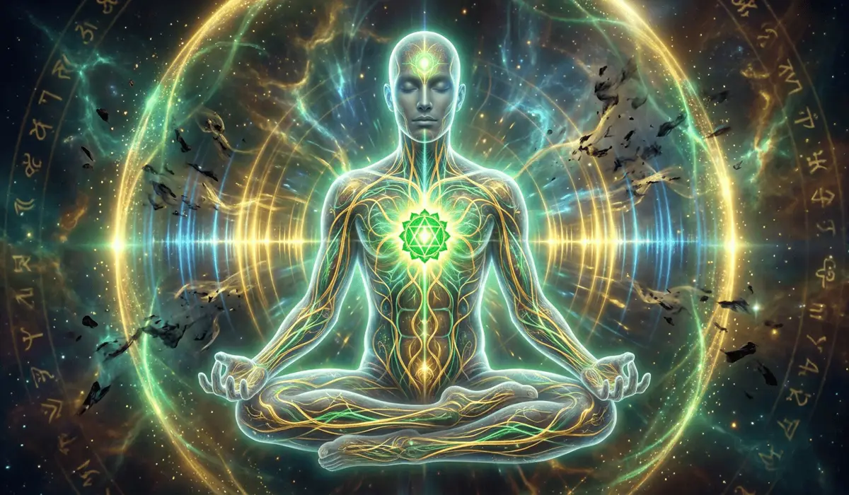 Visualization of subtle body energy anatomy showing 108 nadis converging at the glowing Anahata heart chakra during mantra meditation