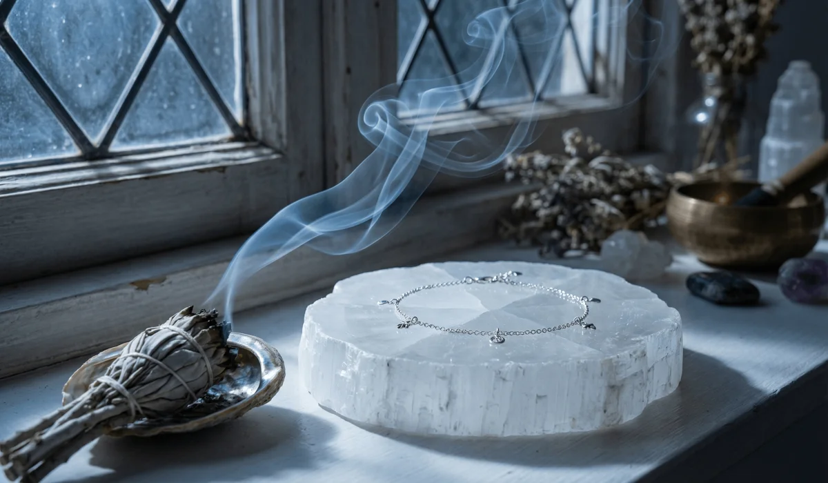 Spiritual cleansing ritual for an anklet using white sage smoke and a selenite charging plate under soft moonlight.