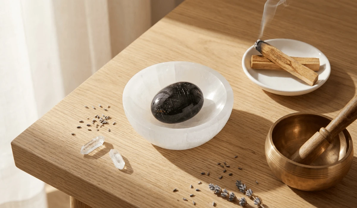Black rutilated quartz crystal sitting on a white selenite charging plate near morning sunlight for energetic cleansing and maintenance.