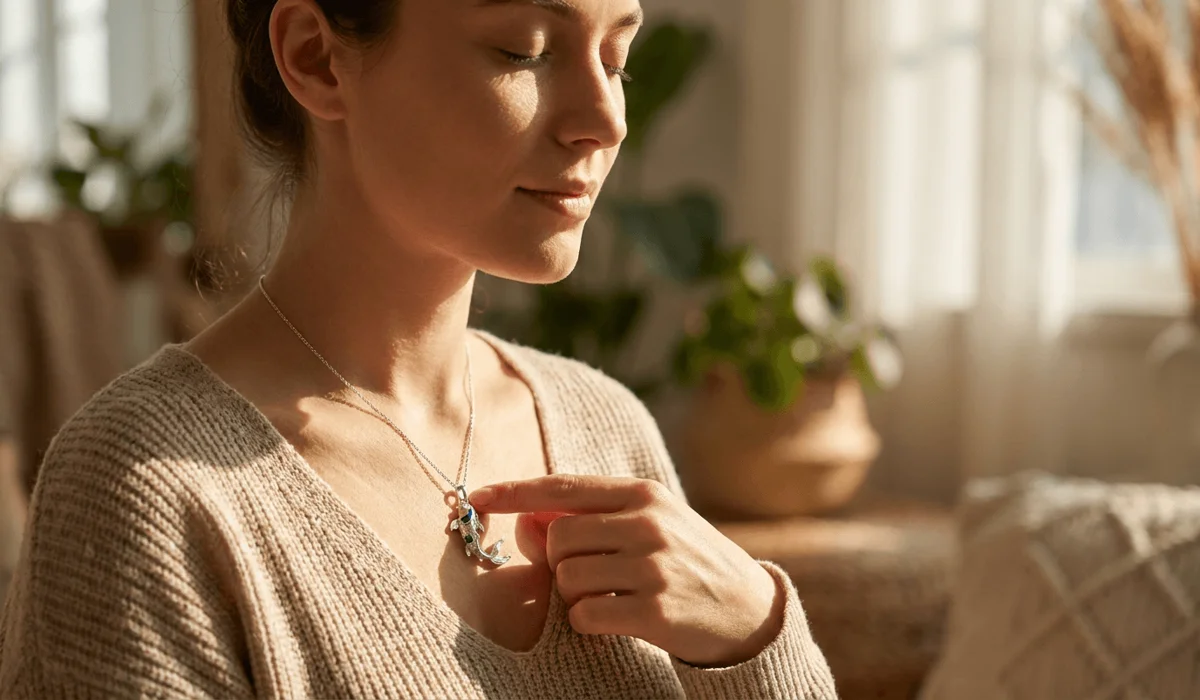 Woman wearing koi fish pendant touching it gently during morning meditation ritual