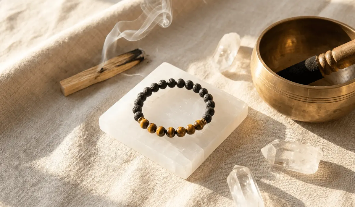 Cleansing ritual for a men's spiritual bracelet resting on a Selenite plate with Palo Santo smoke for energy charging.