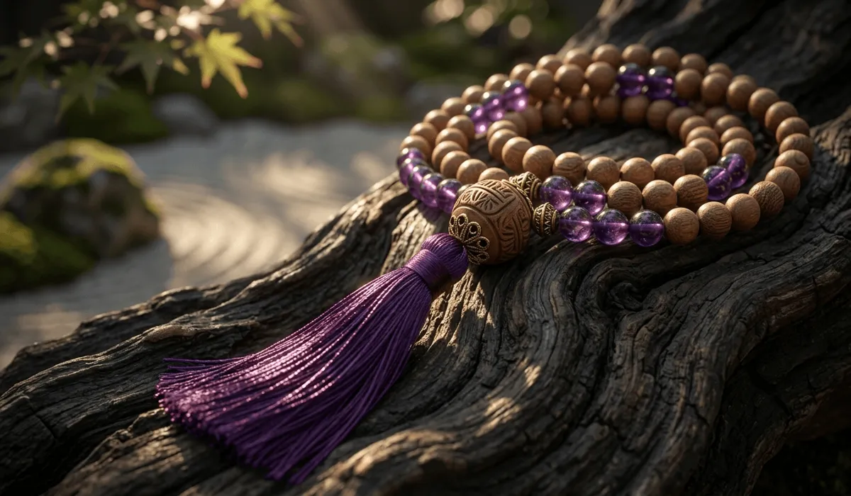 Close-up of a traditional sandalwood and amethyst mala bracelet showing the guru bead and tassel, symbolizing the 108 bead tradition.