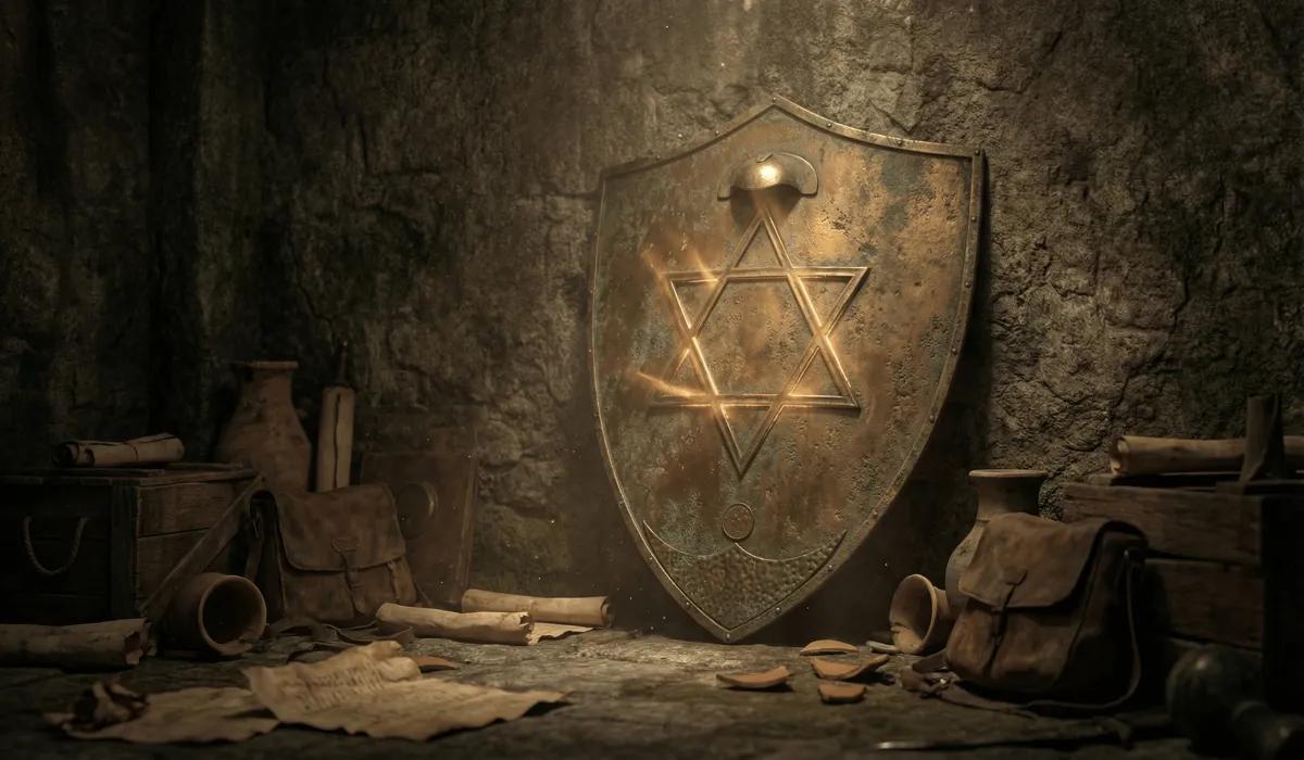 A historical bronze shield with the Star of David resting in an ancient stone chamber, symbolizing the legend of King David's shield.