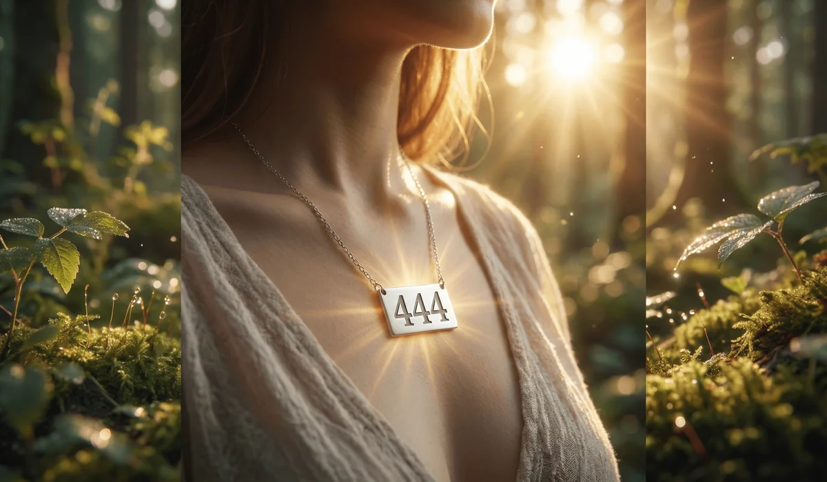 A woman wearing a silver 444 angel number necklace representing angelic protection and spiritual grounding.