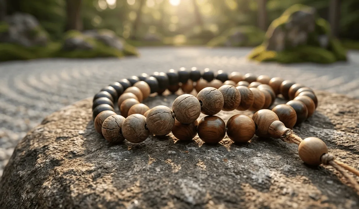 Close-up of a damaged Sandalwood mala showing cracks and swelling from water exposure on a stone background.