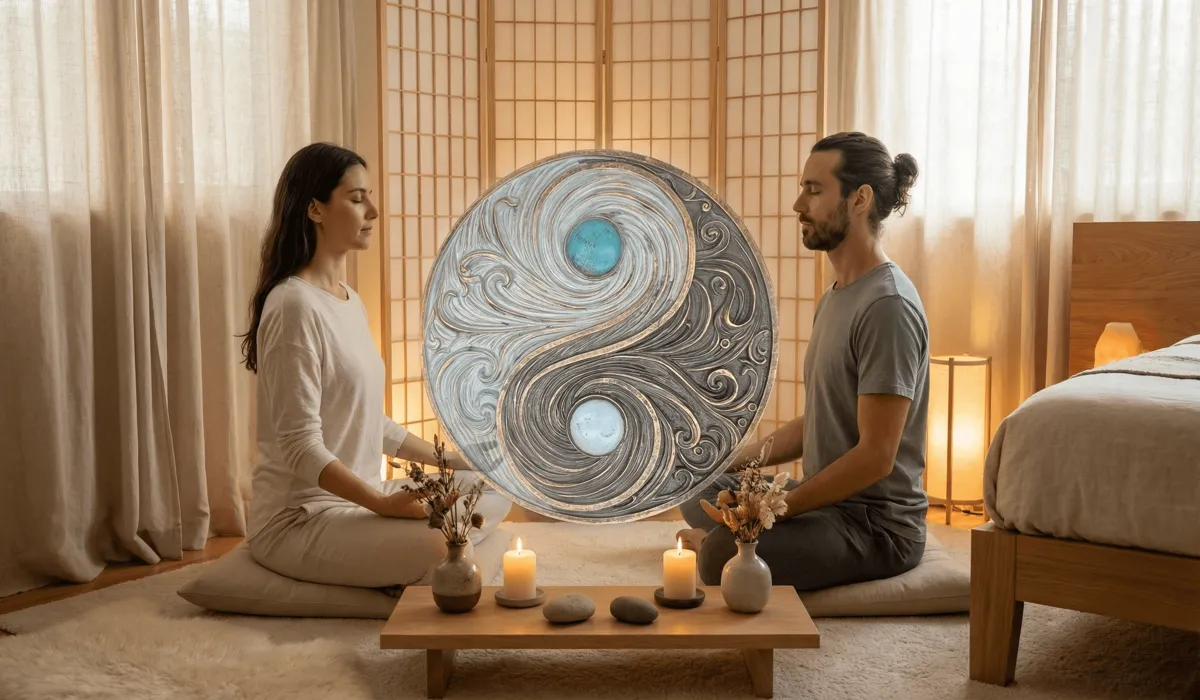 A couple performing Yin Yang circular breath meditation in a Feng Shui optimized bedroom for spiritual resonance.