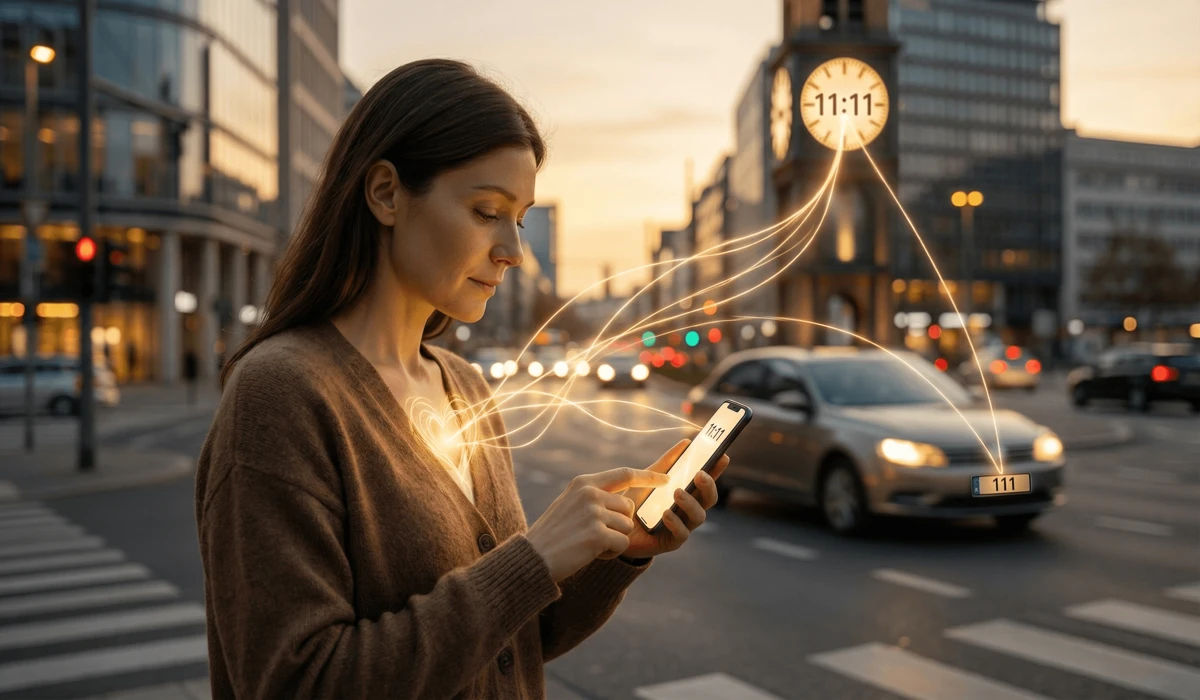 A person seeing the angel number 11:11 on a phone and in the city environment, symbolizing psychological synchronicity and vibrational alignment.