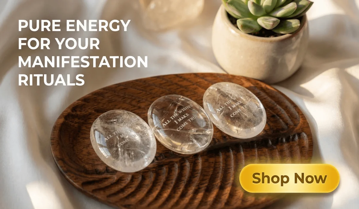 High-clarity clear quartz palm stone with manifestation engraving for meditation, featuring a Shop Now button for spiritual wellness products.