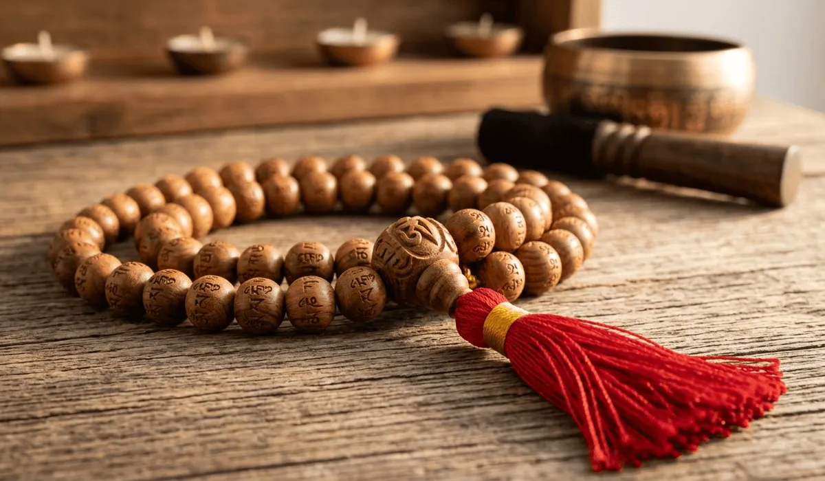 Traditional 108 sandalwood Om Mani Padme Hum mala beads with a red tassel on a meditation altar.
