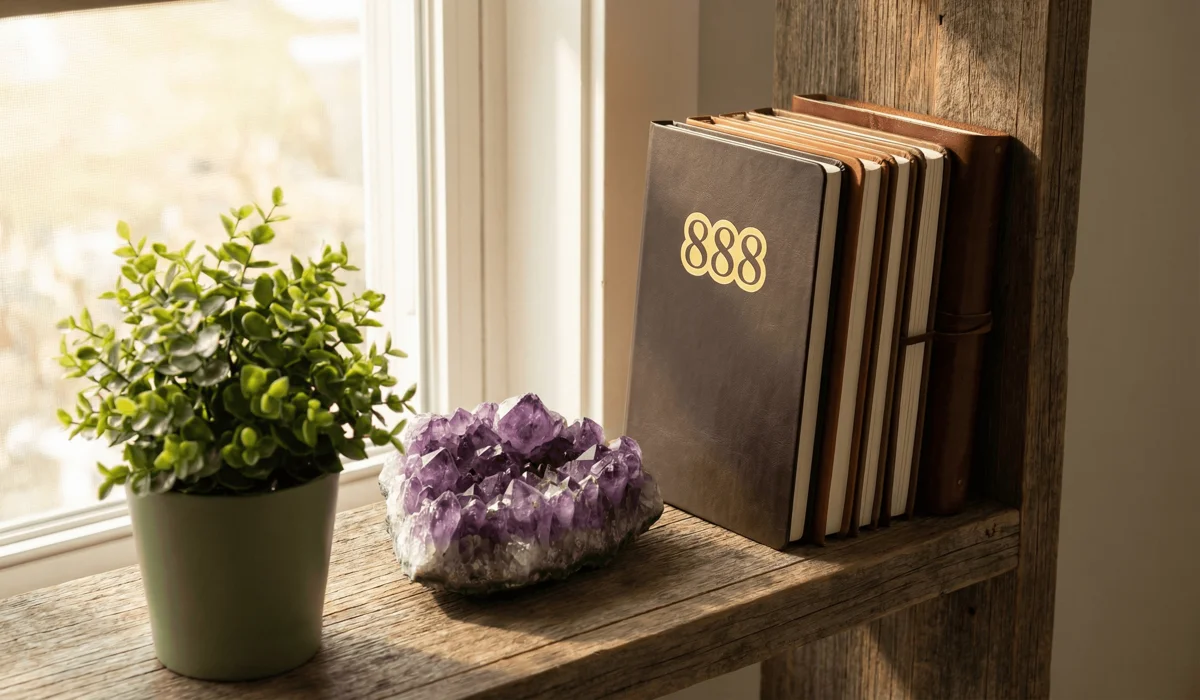 Completed manifestation journals stored in a sacred space with crystals and plants to maintain the integrity of manifested energy.