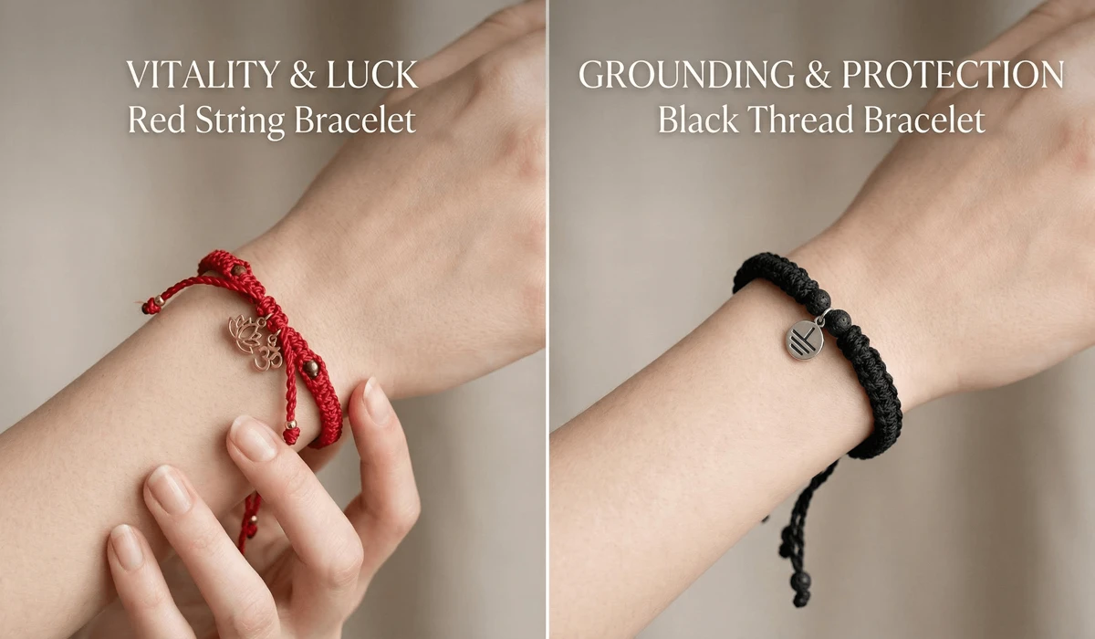 A comparison between a red string bracelet for luck and a black thread bracelet for grounding and protection.
