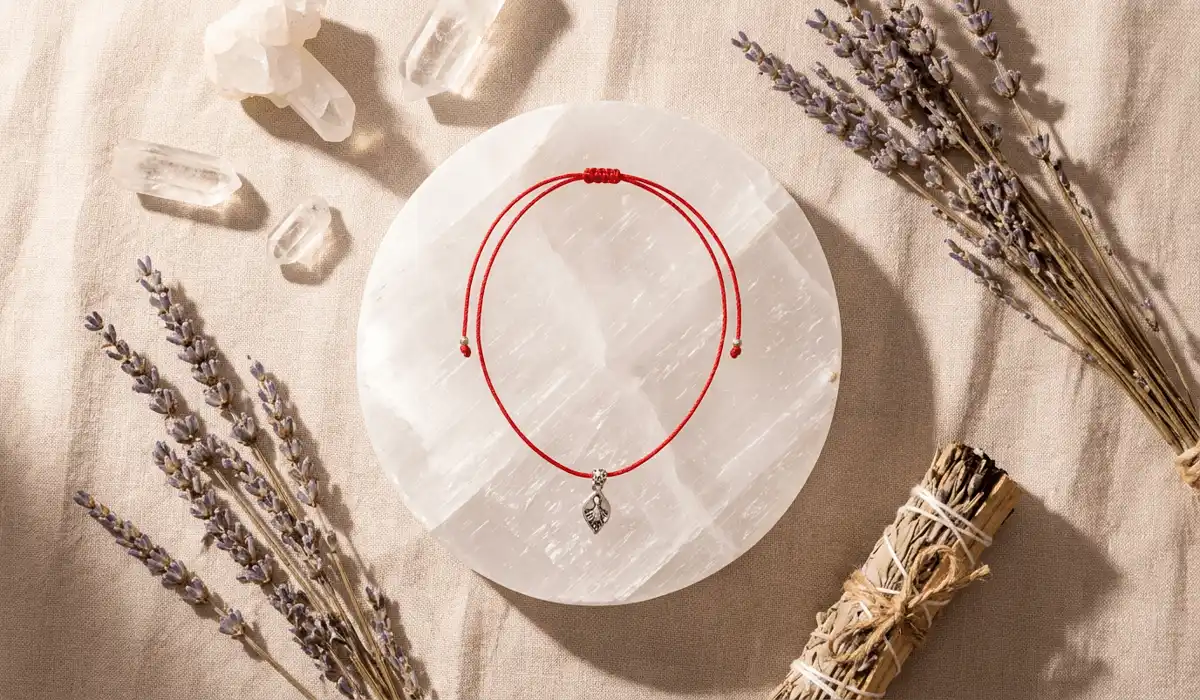 A red string necklace resting on a selenite charging plate with quartz crystals and dried lavender for cleansing and charging.
