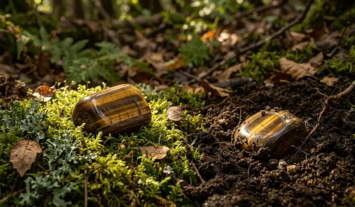 Tiger&rsquo;s Eye stones being charged in direct sunlight and earth to replenish grounding energy.