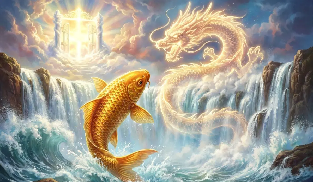 Digital art depicting the Legend of the Dragon Gate with a koi fish leaping over a waterfall to transform into a celestial dragon.