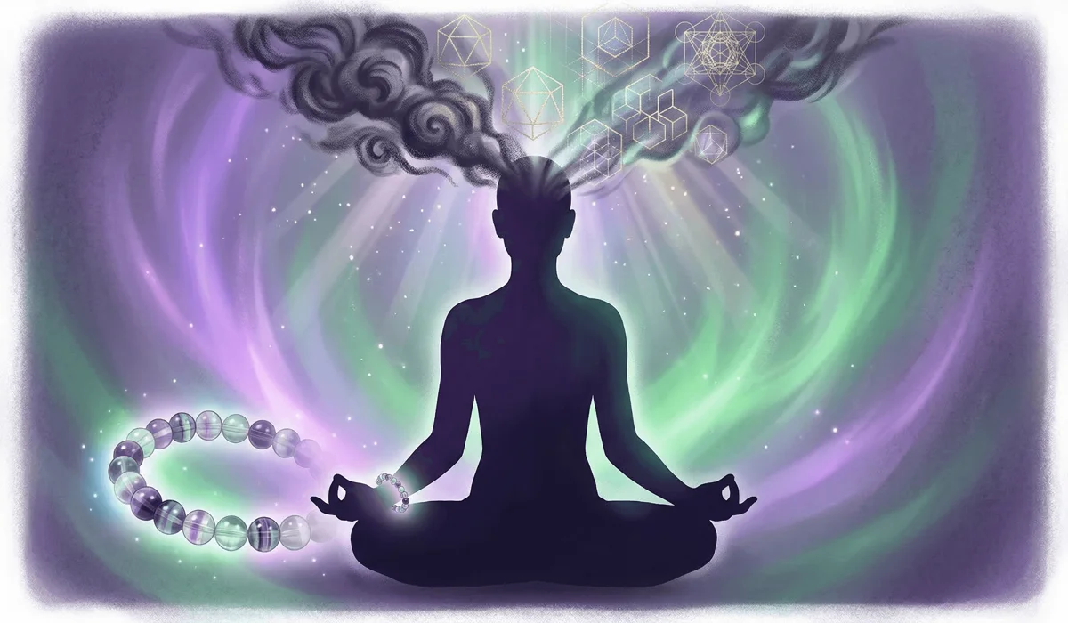 Spiritual illustration of Fluorite energy clearing mental fog and organizing thoughts into geometric clarity, symbolizing the Genius Stone.