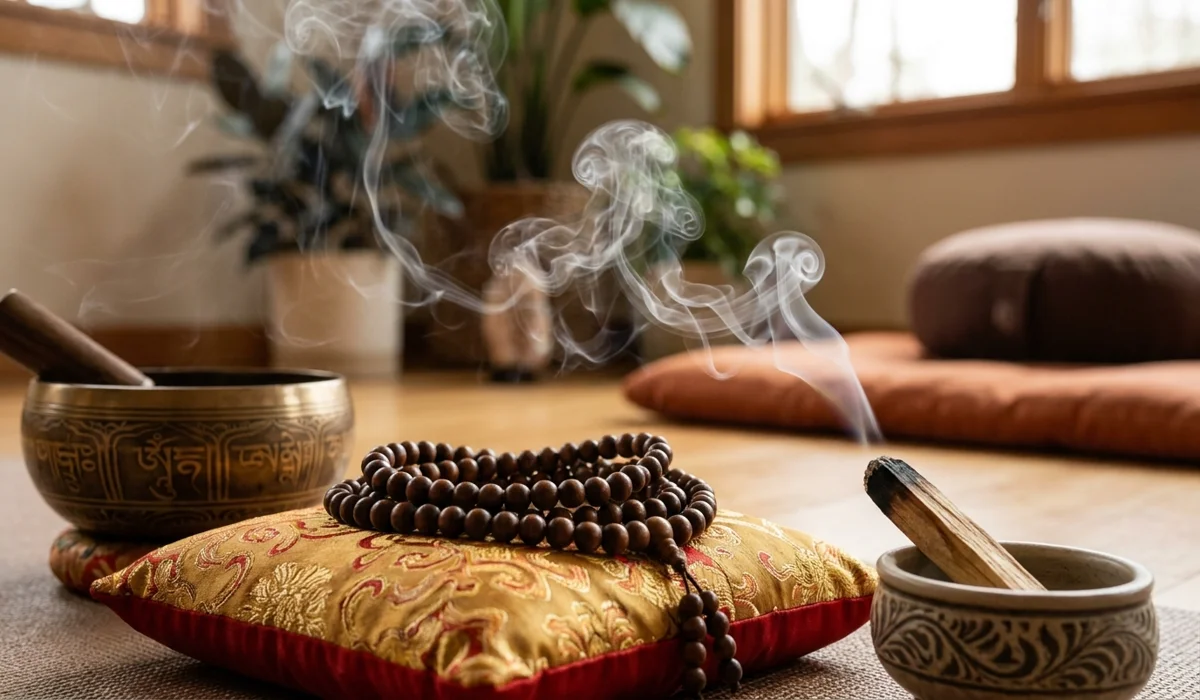 A wooden mala placed on a silk cushion during a smoke cleansing ritual with Palo Santo and a singing bowl.