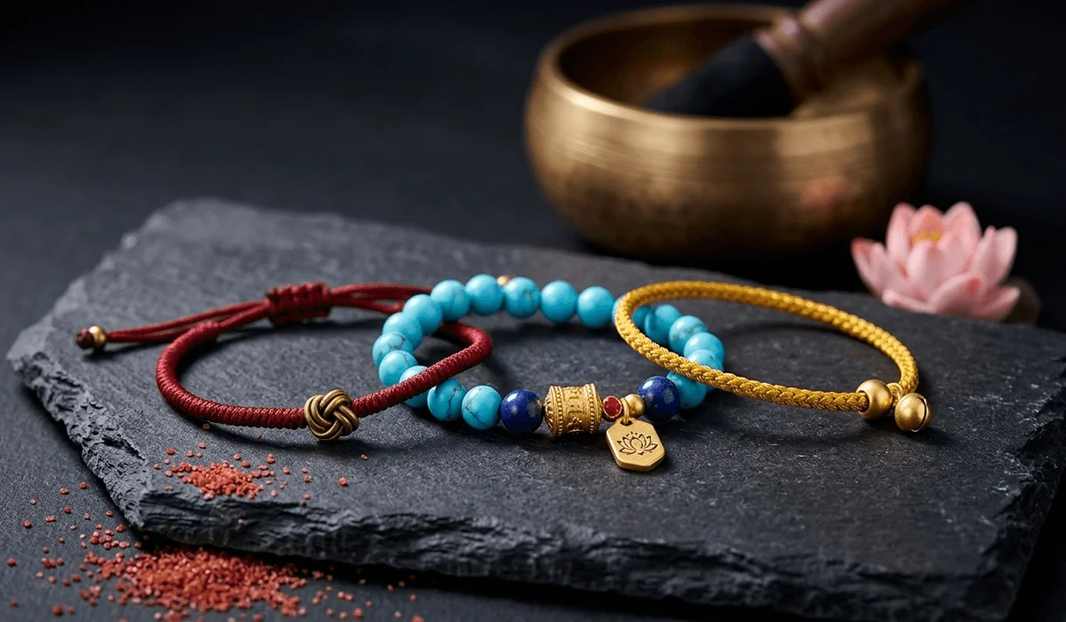 A collection of colorful Buddhist bracelets in red, blue, and yellow, symbolizing different spiritual meanings like healing, peace, and wisdom.