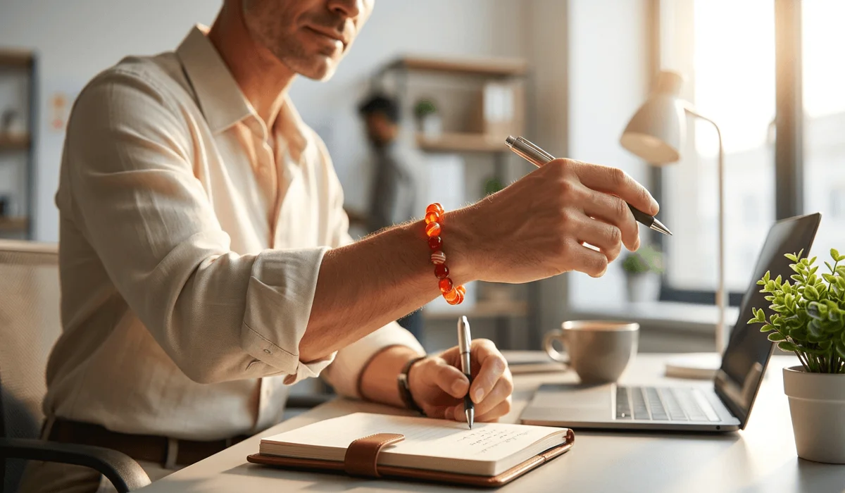 A person wearing a carnelian bracelet on the right wrist to project confidence and active energy.