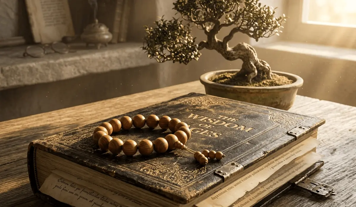 A Boxwood bracelet on an old book next to a bonsai tree, representing longevity and the spiritual meaning of Huangyangmu.