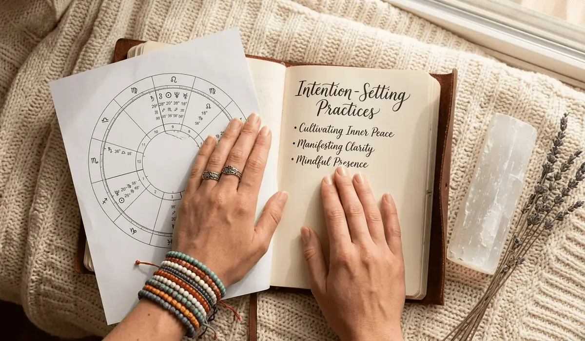 A spiritual woman practicing intention-setting with a zodiac bracelet, a birth chart, and a selenite crystal for mindfulness.