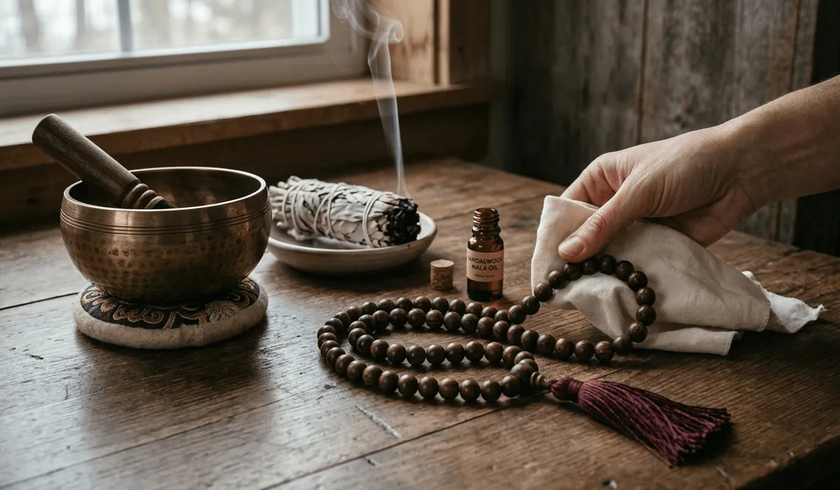 A ritual setup for cleansing wooden mala beads using sage smoke and a singing bowl to maintain their spiritual energy.