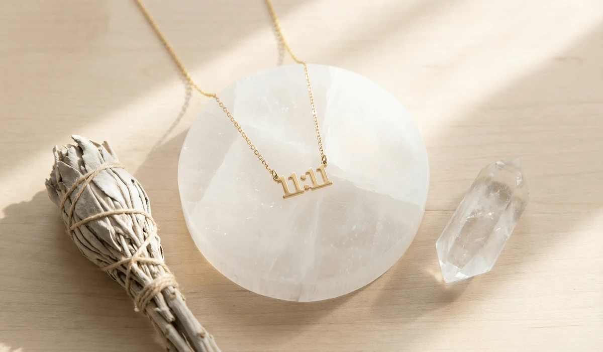 Gold 11:11 necklace being cleansed on a selenite plate with sage to maintain its spiritual energy.